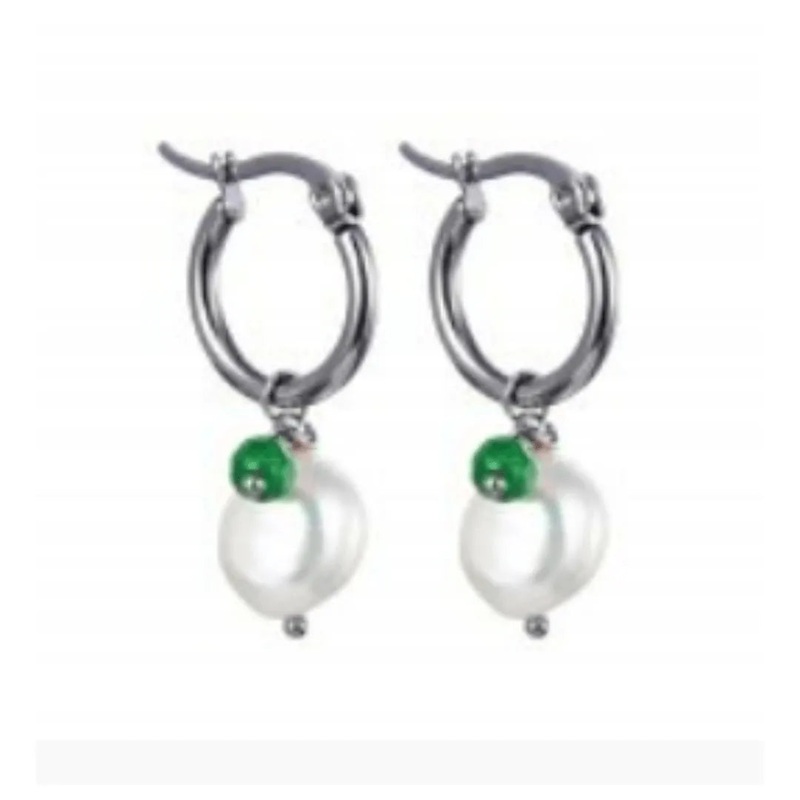 S/S Hoop W/ Pearl & Green Gem