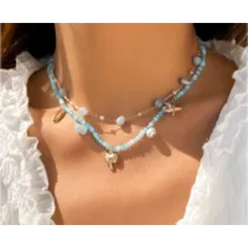 2 Strand Aqua Choker Set W/ Palm, Starfish & Cowrie