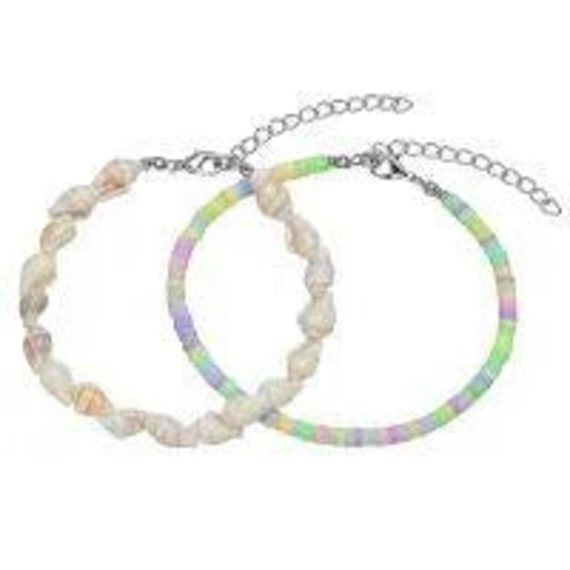 Rainbow Heishi & Seashell Anklet Set