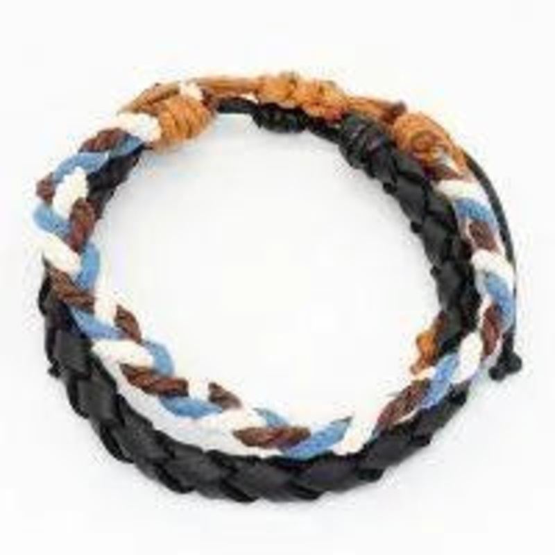 2 Strand Blk Leather & Colourful String Bracelet
