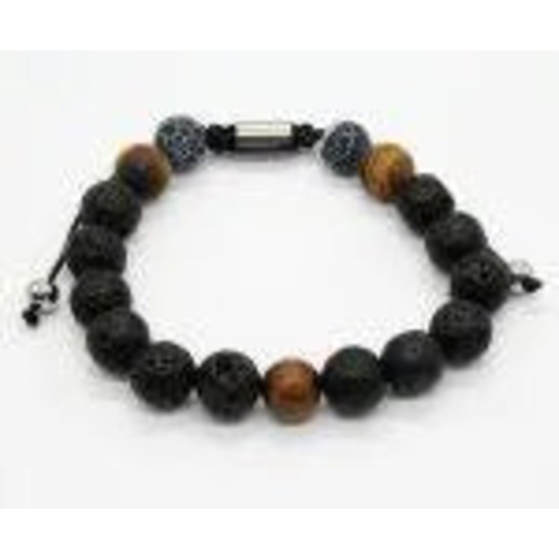 Adjustable Lava Bead Bracelet W/ Wooden & Tiger Eye Feature Beads