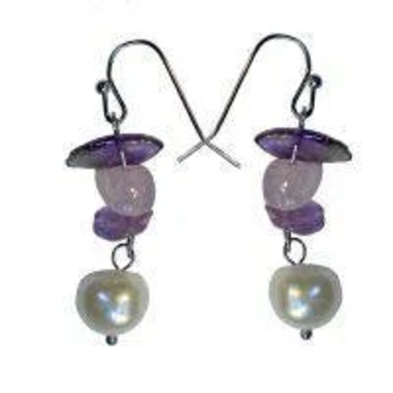 Rose Quartz & Amethyst Chip Earring W/ Pearl