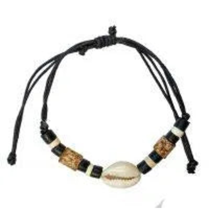 COWRIE SHELL & BLACK COCO BEAD ADJUSTABLE BRACELET