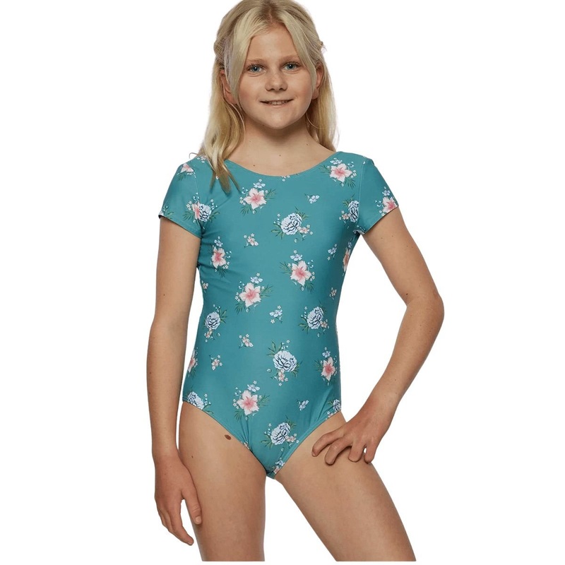 O'Neill Girls Chan Floral SS Tie Back One Piece in Teal