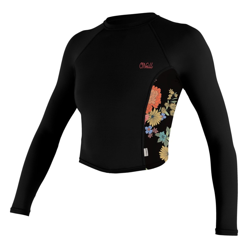 O'Neill Women's Print Midriff Long Sleeve Crop UPF Top in Black/Kali Floral