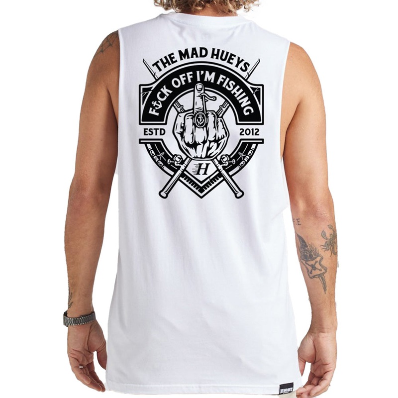 MAD HUEYS F**K OFF IM FISHING MUSCLE SINGLET WHITE