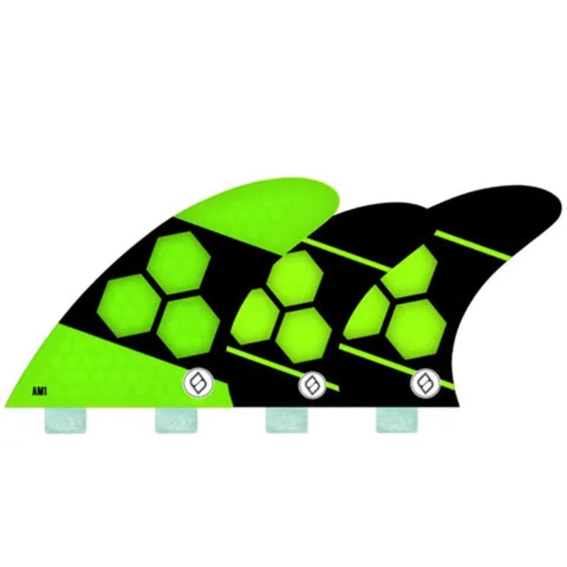 SHAPERS AM1 MEDIUM CORELITE 5 FIN SET UP NEON GREEN DUAL TAB