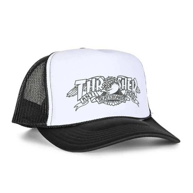 THRASHER X ANTIHERO MAG BANNER TRUCKER CAP BLACK WHITE