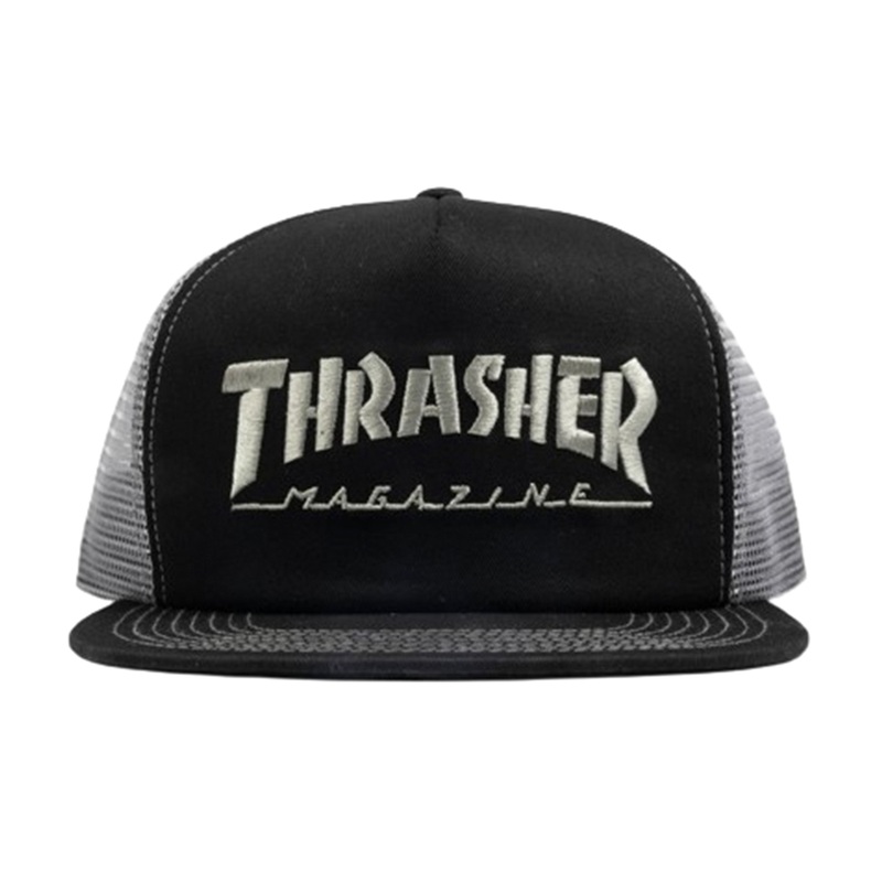 THRASHER LOGO EMBROIDERED MESH CAP BLACK GREY