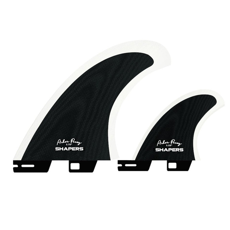 SHAPERS ASHER PACEY 5.59 BLACK CLEAR GLASS TWIN FIN + STABILISER S2 TAB